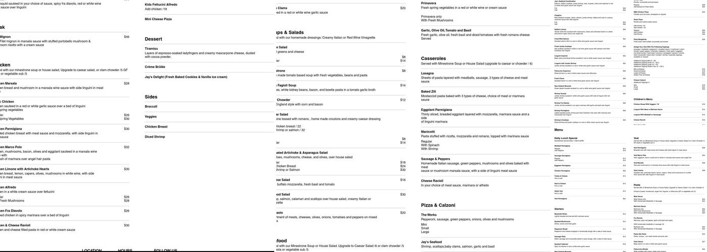 Jay's Gourmet Seafood & Pizza Menu