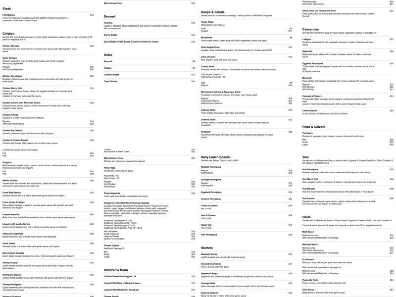 Jay's Gourmet Seafood & Pizza Menu