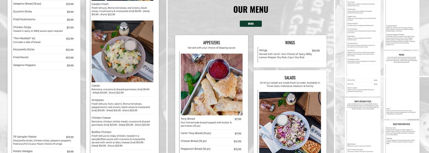 Tony Pepperoni Pizzeria Menu