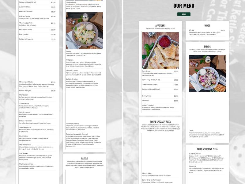 Tony Pepperoni Pizzeria Menu