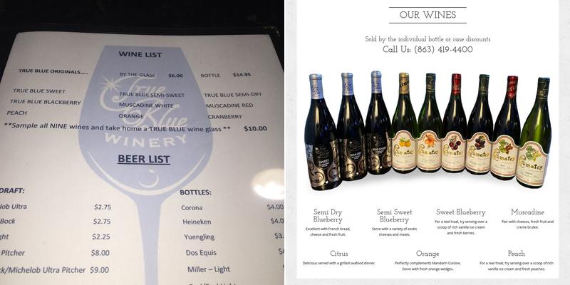 True Blue Winery Menu