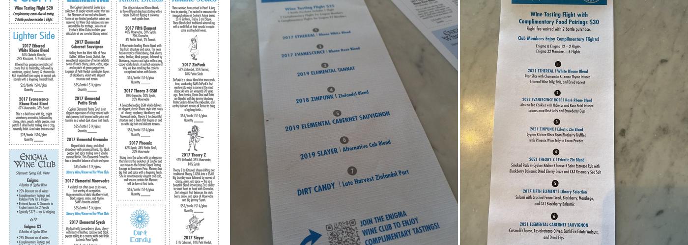 Cypher Winery Menu