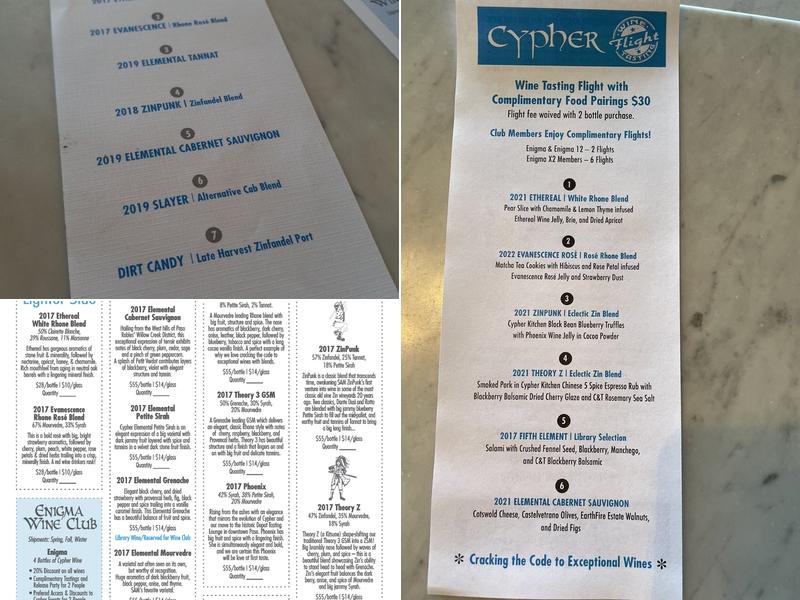 Cypher Winery Menu