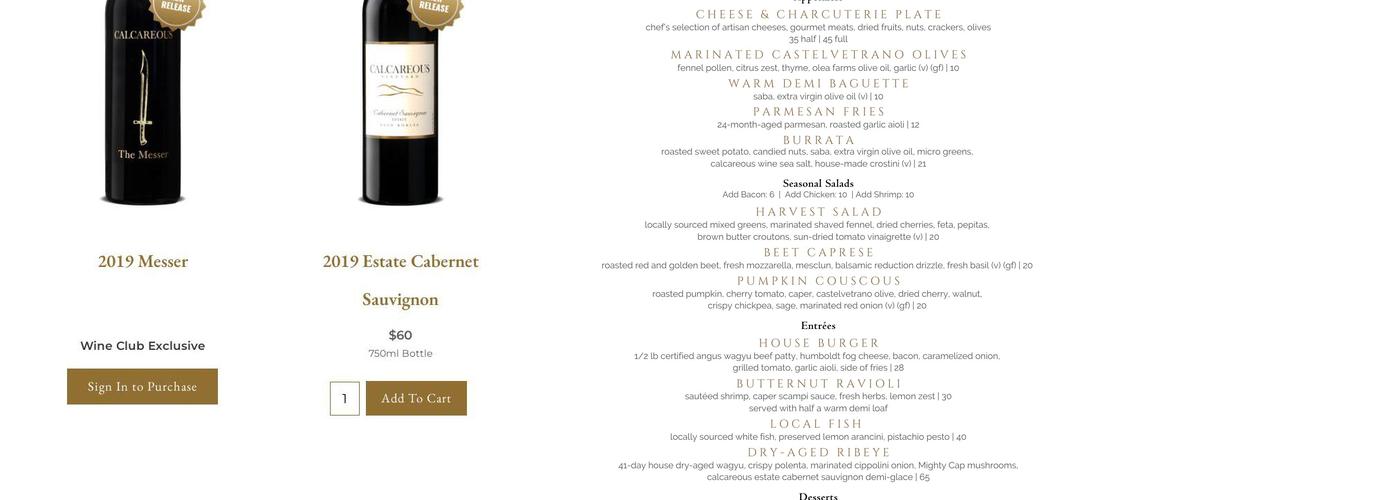 Calcareous Vineyard Tasting Room Menu