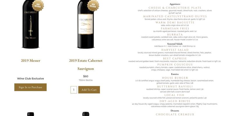 Calcareous Vineyard Tasting Room Menu