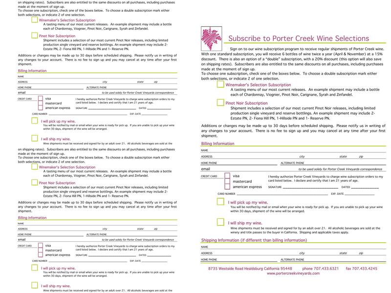 Porter Creek Vineyards Menu