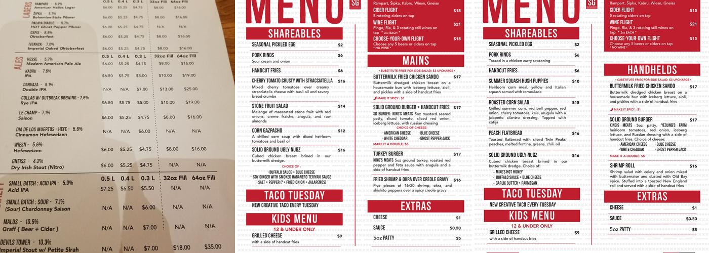 Solid Ground Brewing Menu