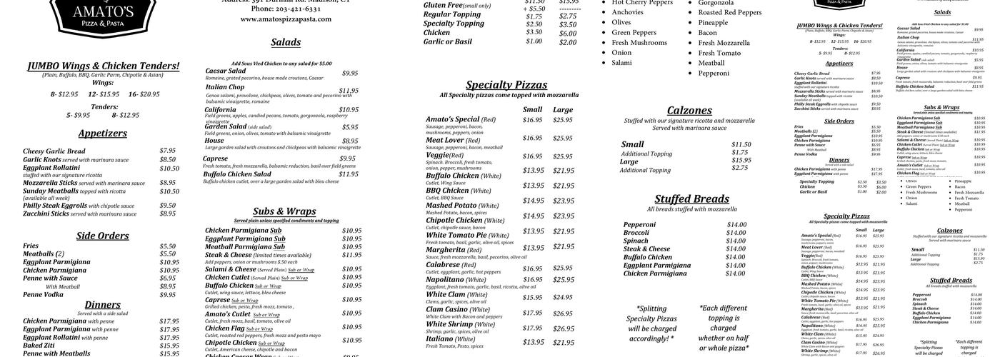 Amato’s Pizza & Pasta Menu