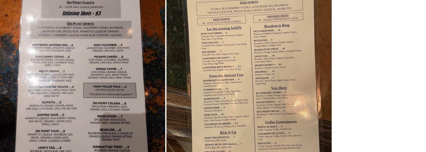 DEKI Disillery and Cocktails Menu