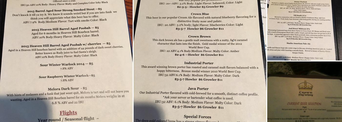 Crown Brewing Menu