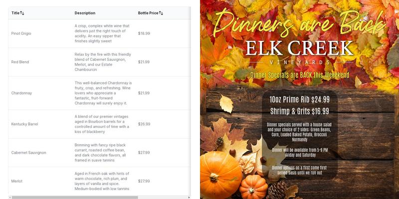 Elk Creek Vineyards Menu