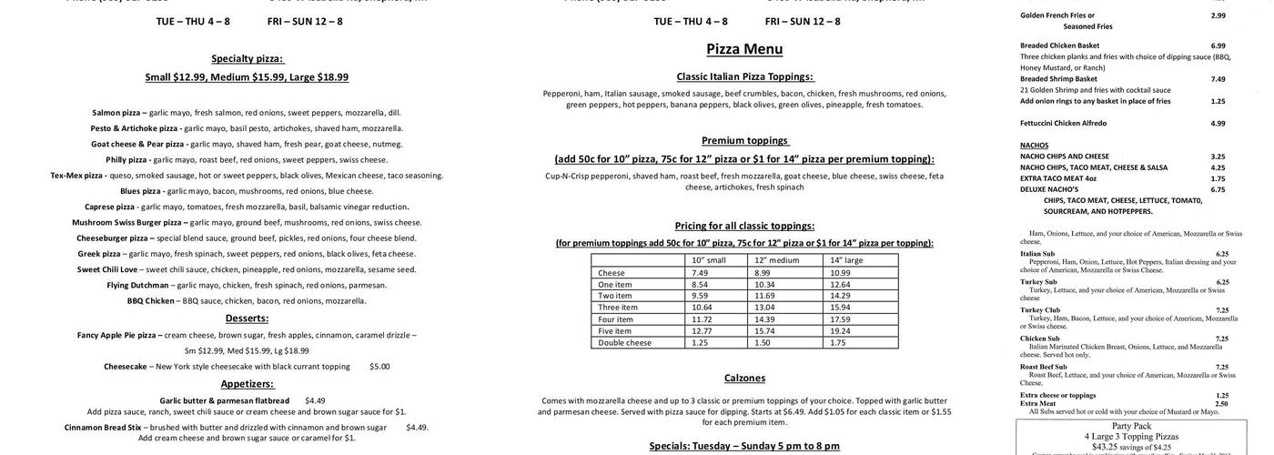 Currant Mist Winery Menu