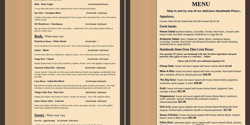 Howell's Mainstreet Winery Menu