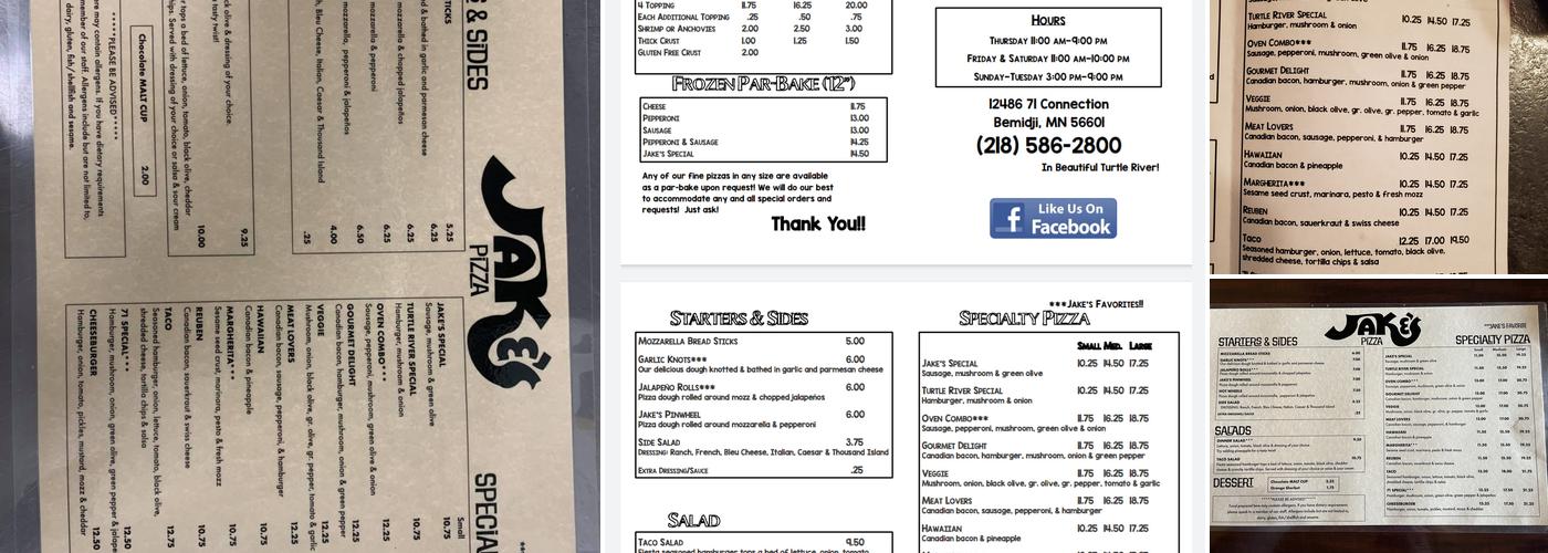 Jake’s Pizza Menu