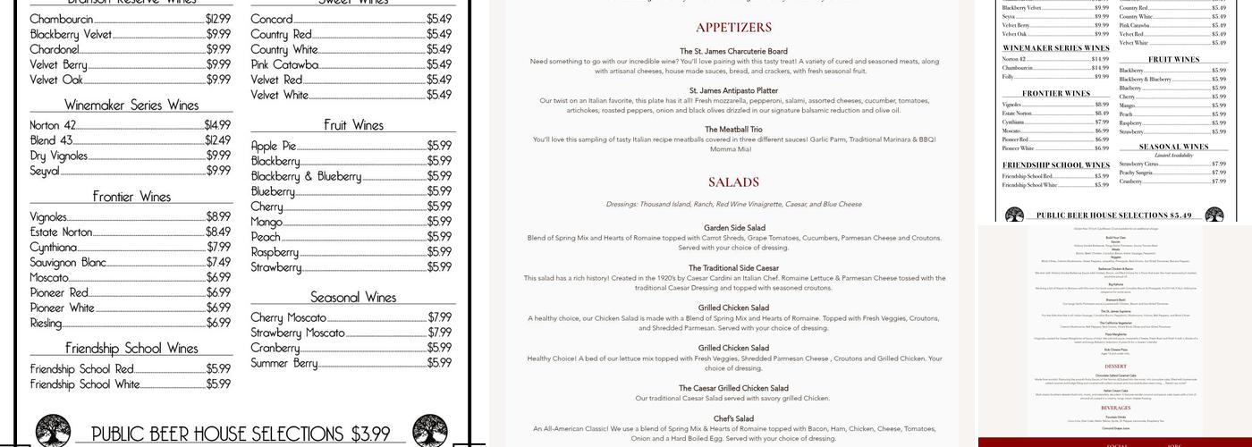 St. James Winery Branson Menu