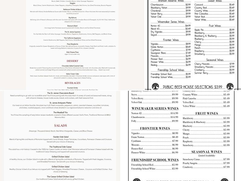 St. James Winery Branson Menu