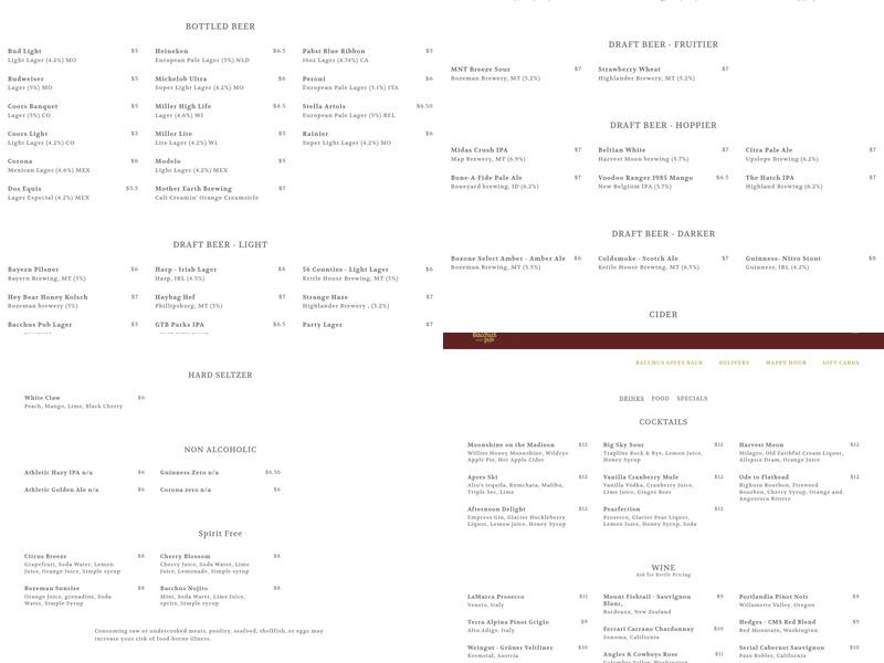 Bacchus Pub Menu