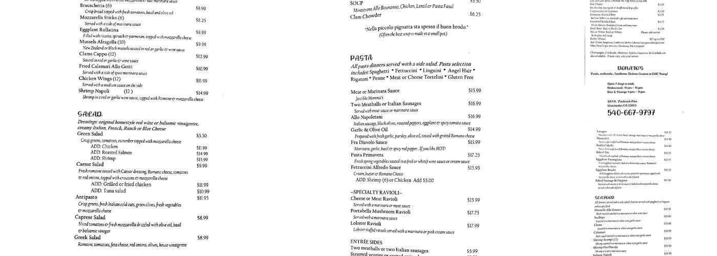 Donato's Touch of Italy Menu