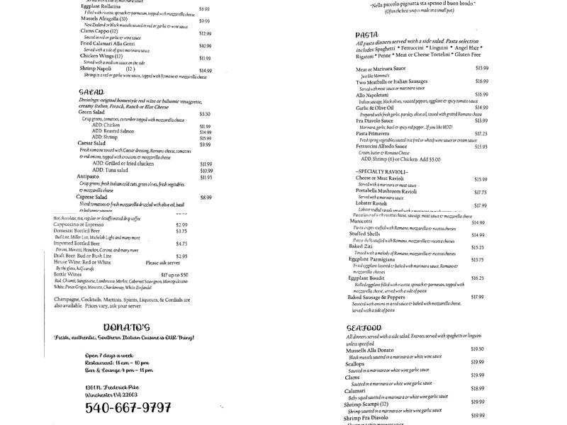 Donato's Touch of Italy Menu