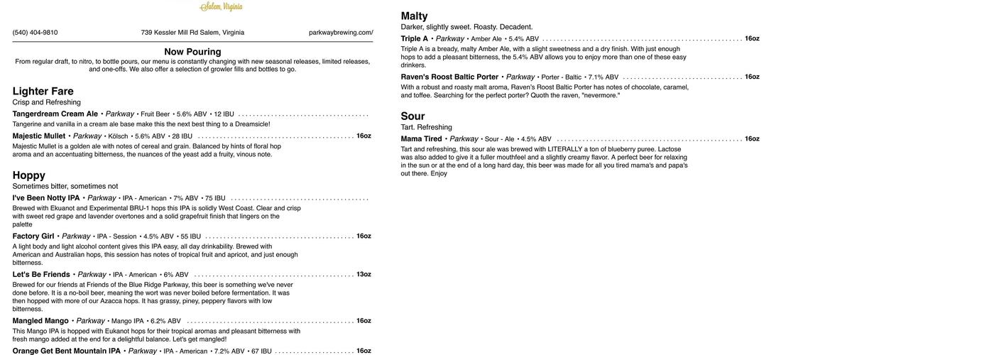 Parkway Brewing Company Menu