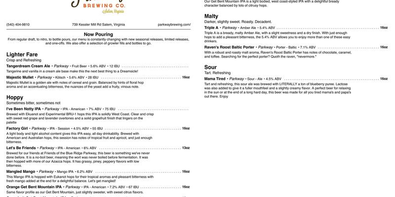 Parkway Brewing Company Menu