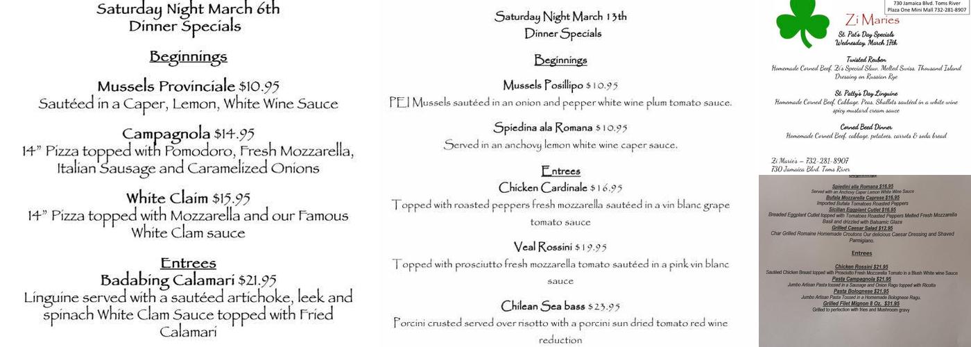 Zi Marie’s Original Pizzeria Trattoria Menu