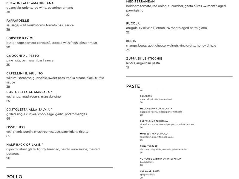 Il Mulino New York - Atlantic City Menu