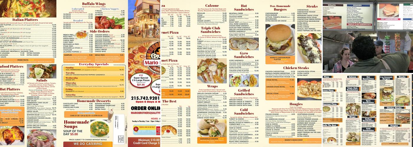 Mario Brothers Pizza Menu