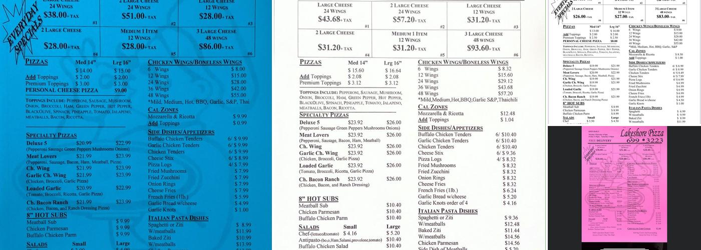 Lakeshore Pizza Menu