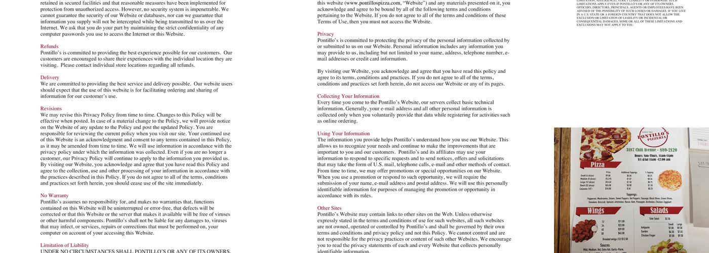 Pontillo's pizzeria chili Menu