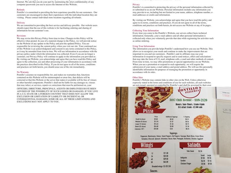 Pontillo's pizzeria chili Menu