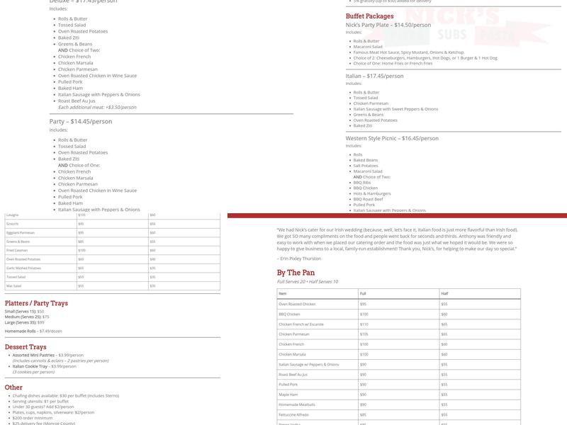 Nicks Pizza Subs Pasta & Catering Menu