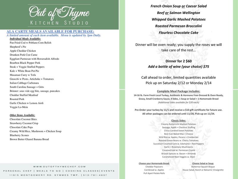 Out of Thyme Kitchen Studio Menu