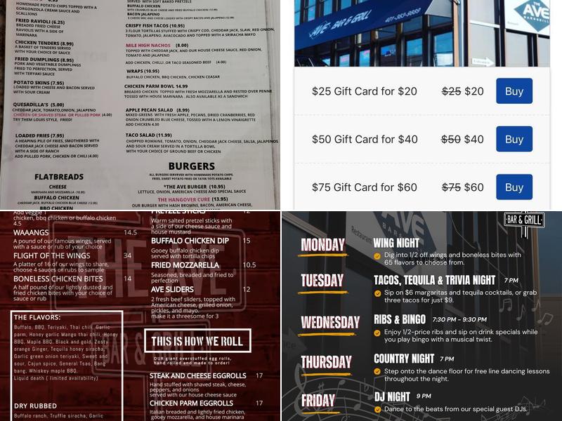The Ave Bar and Grill Menu