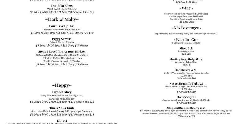 13 Stripes Brewery Menu