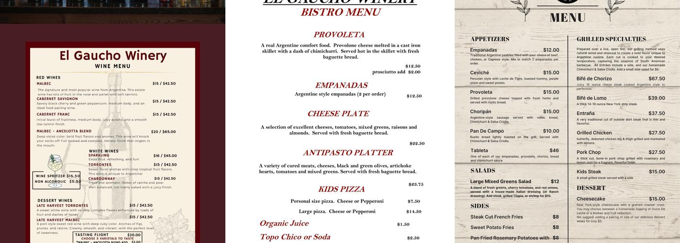 El Gaucho Winery Menu