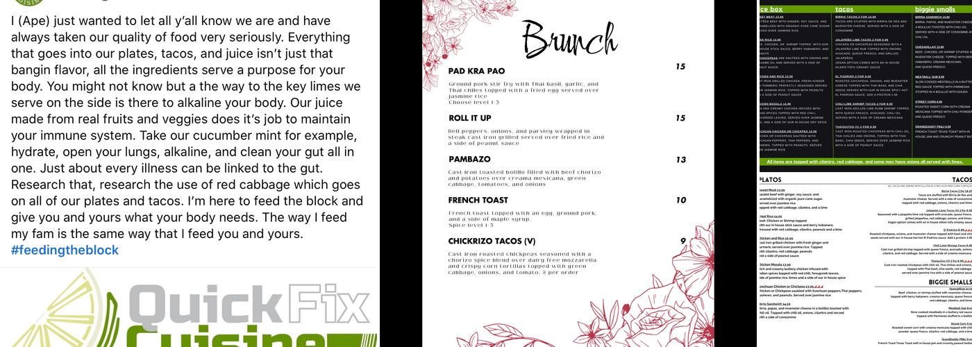 Quick Fix Cuisine Menu