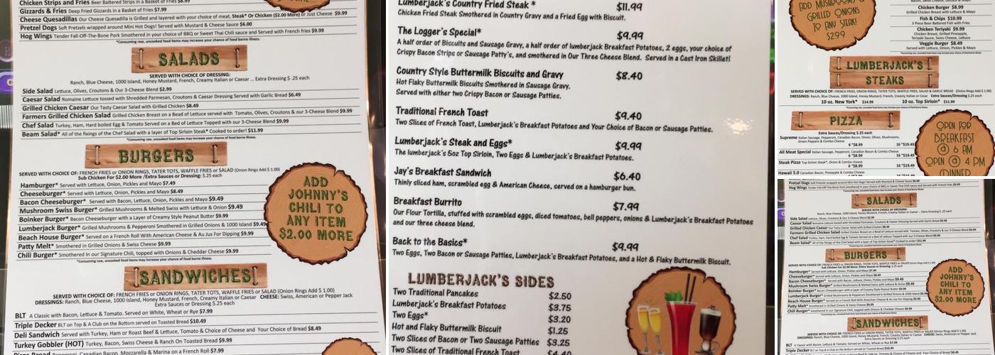 Lumberjacks Cafe and Gifts Menu