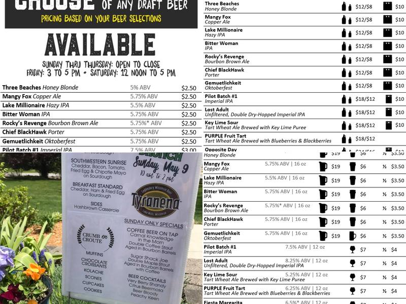 Tyranena Brewing Company Menu