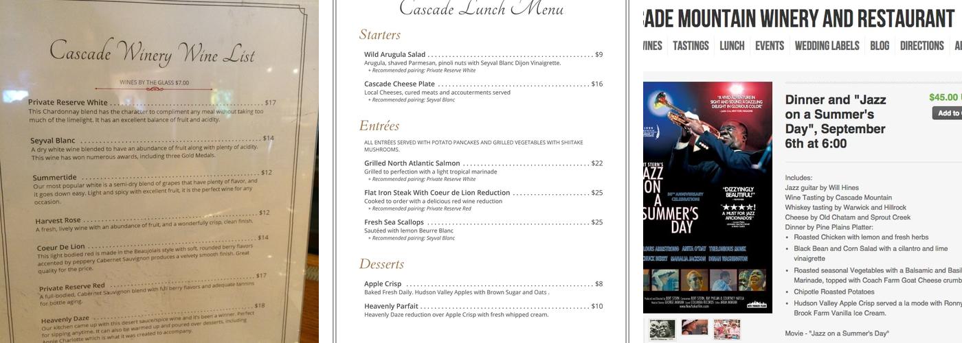 Cascade Mountain Winery Menu
