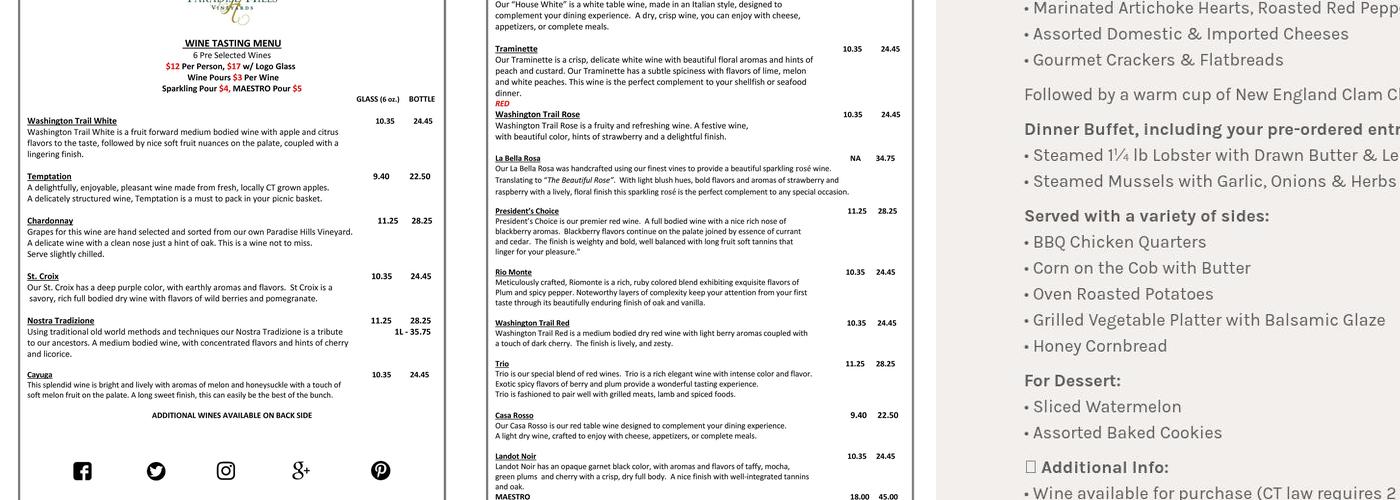 Paradise Hills Vineyard & Winery Menu