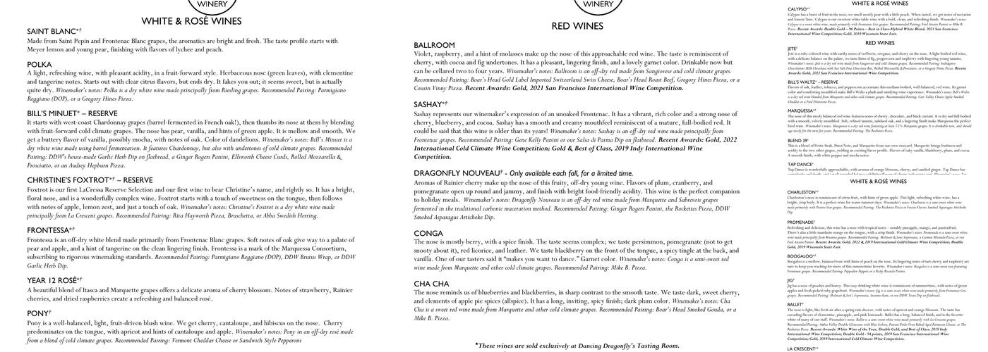 Dancing Dragonfly Winery Menu