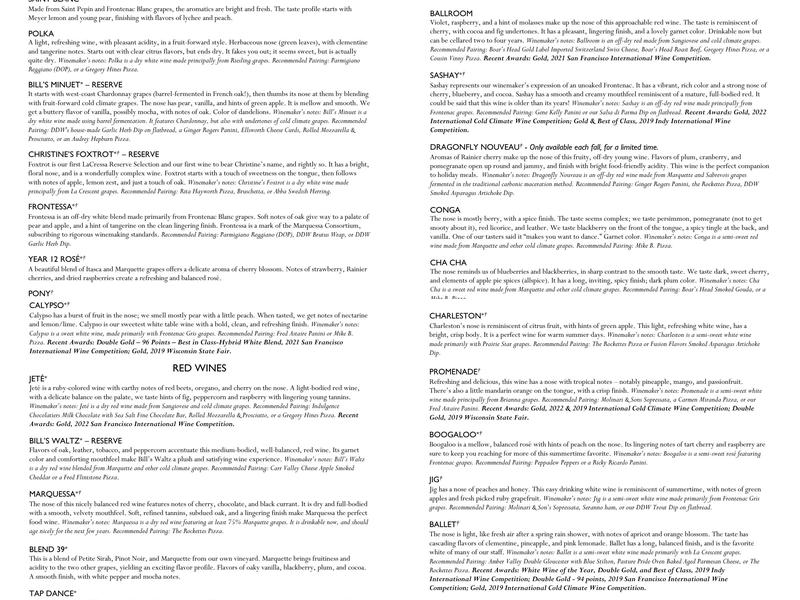 Dancing Dragonfly Winery Menu