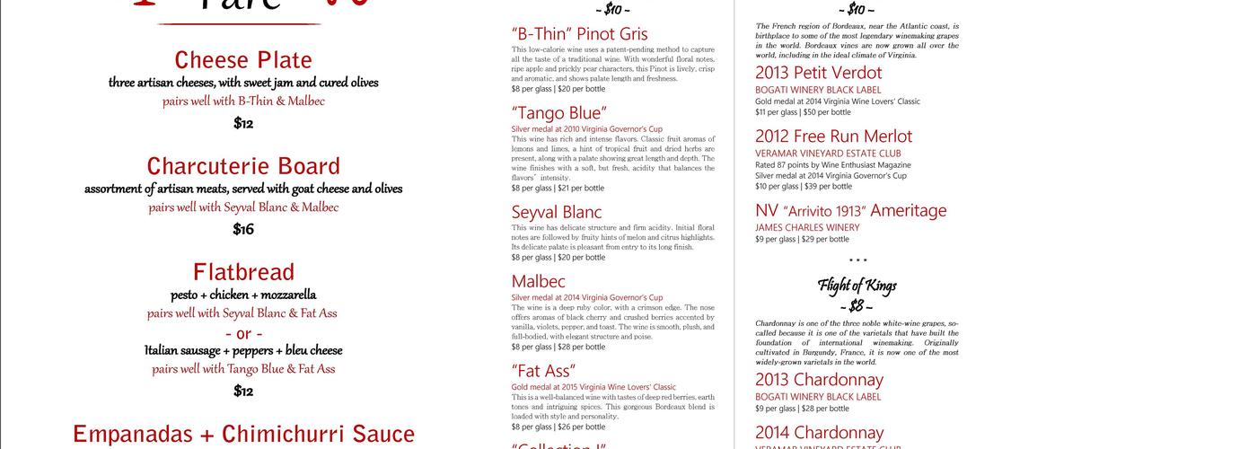 Bogati Winery Menu