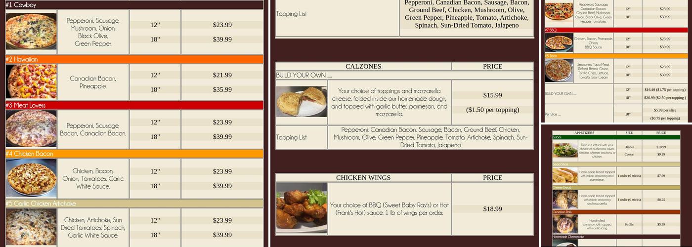 Cascade Pizza Menu