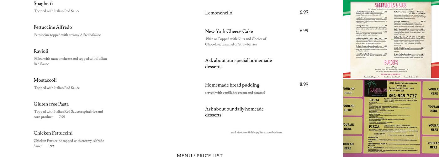 Island Italian Menu