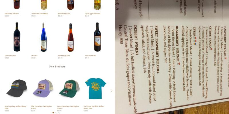 Dancing Bee Winery Menu