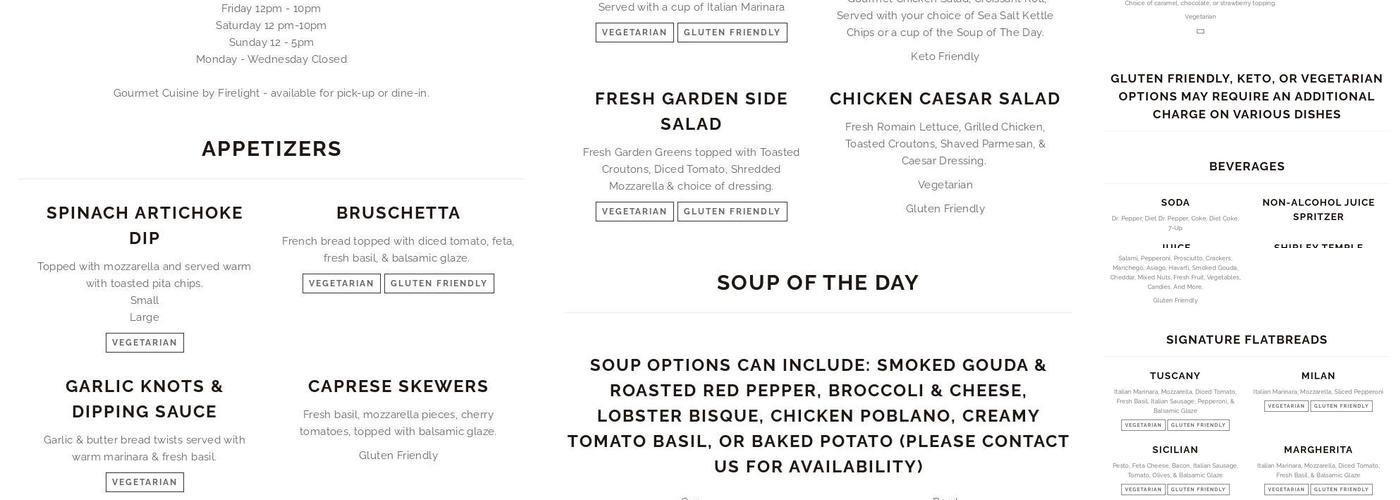 Firelight Vineyards Menu