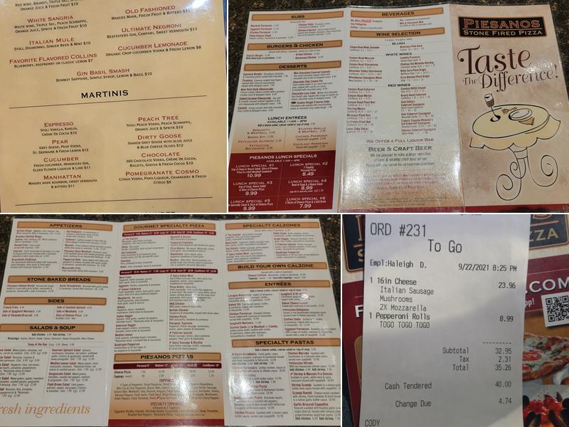 Piesanos Stone Fired Pizza Menu