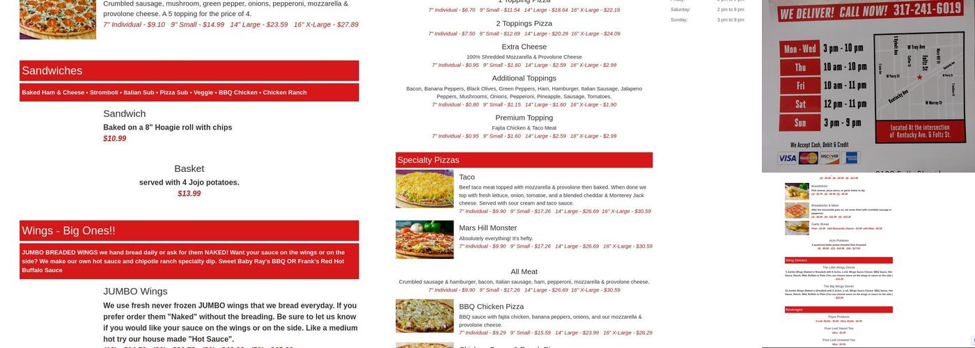 Mickey & Bill's Pizza Menu